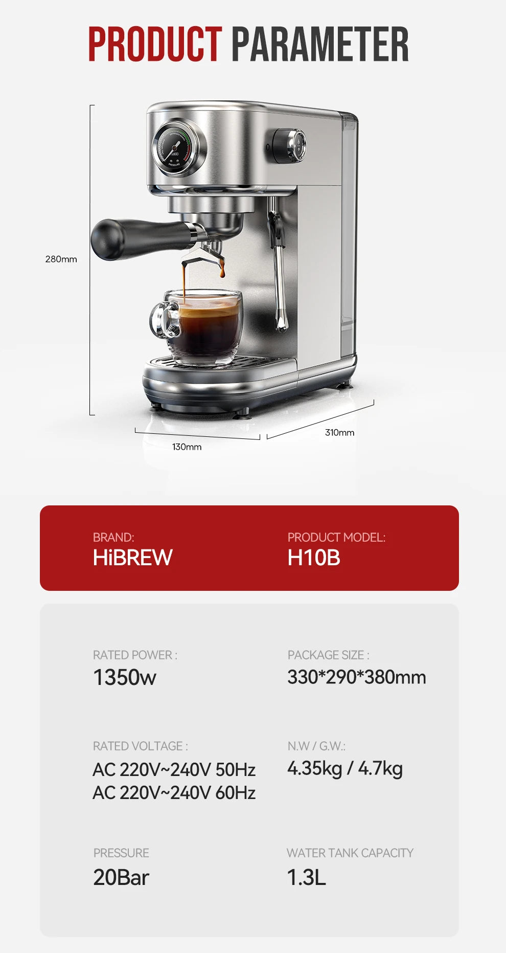HiBREW 20Bar Semi Auto Espresso Machine Slim Maker
