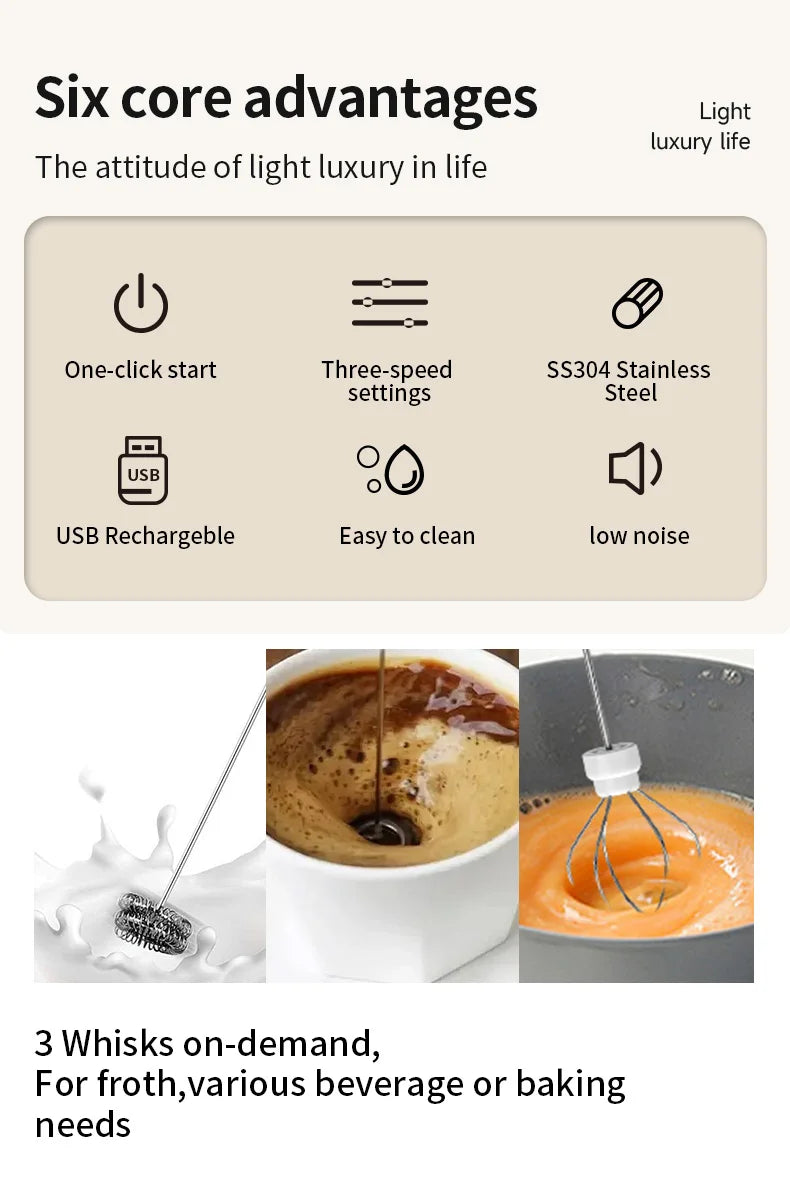 Electric Milk Frother Egg Beater USB 3 Speed Foam Maker