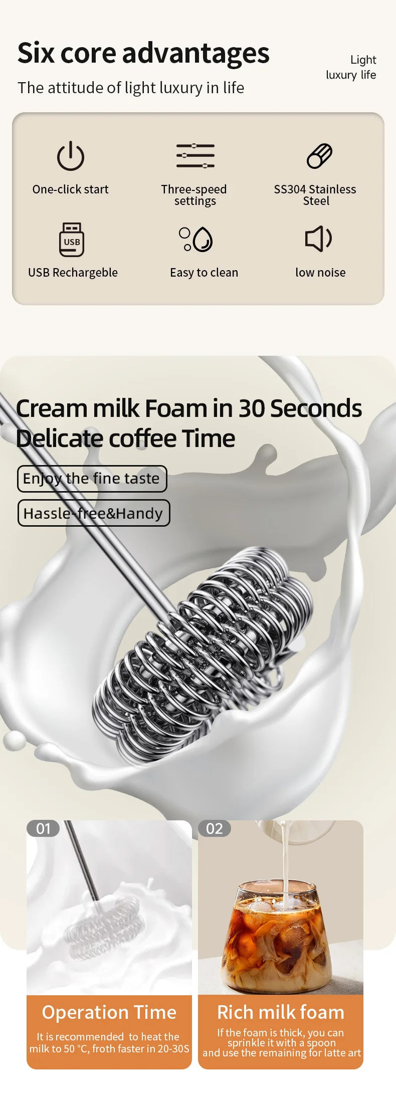 Electric Milk Frother Egg Beater USB 3 Speed Foam Maker