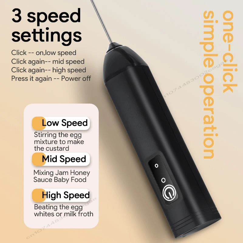 Electric Milk Frother Egg Beater USB 3 Speed Foam Maker