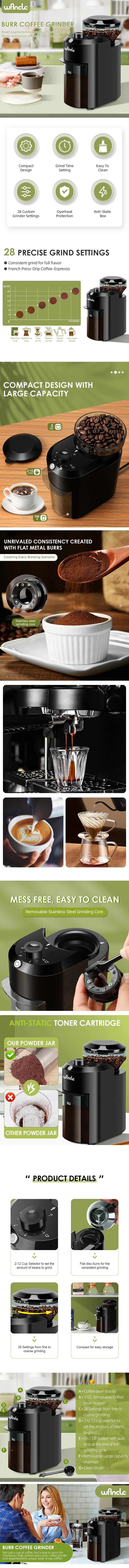 Wancle Electric Burr Coffee Grinder 28 Grind Settings