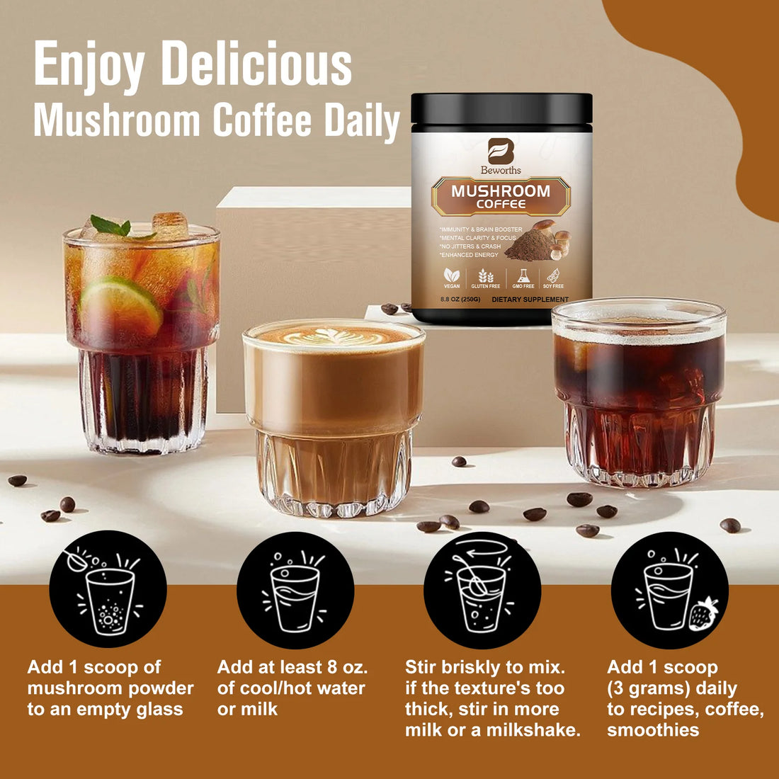 Beworths Mushroom Coffee Energy Focus Blend Drink