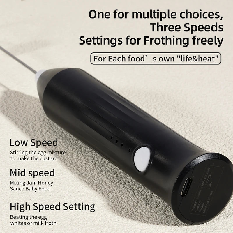 Electric Milk Frother Egg Beater USB 3 Speed Foam Maker