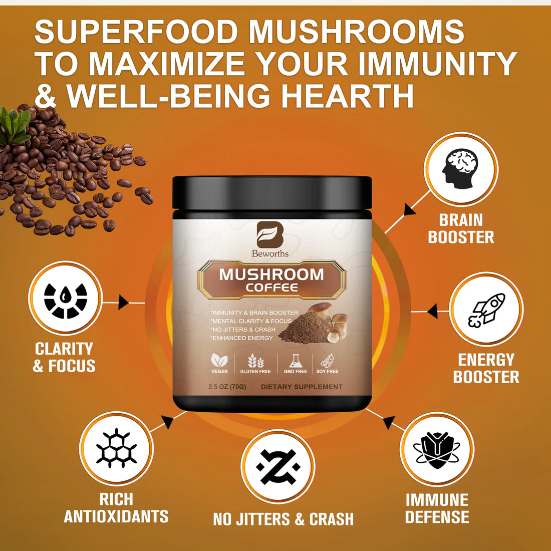 Beworths Mushroom Coffee Energy Focus Blend Drink